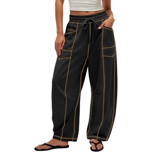 ATHMILE Womens Baggy Barrel Sweatpants Wide Leg Drawstring Lounge Sweat Pants with Pockets(Black)