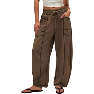 ATHMILE Womens Baggy Barrel Sweatpants Wide Leg Drawstring Lounge Sweat Pants with Pockets(Chocolate Brown)
