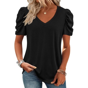 ATHMILE Womens Blouse Dressy Casual V Neck Puff Short Sleeve Tshirts Boho Fashion Summer Spring Tunic Top Clothes(Black)