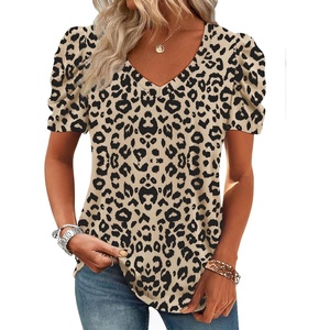 ATHMILE Womens Blouse Dressy Casual V Neck Puff Short Sleeve Tshirts Boho Fashion Summer Spring Tunic Top Clothes(Leopard)