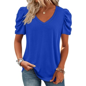 ATHMILE Womens Blouse Dressy Casual V Neck Puff Short Sleeve Tshirts Boho Fashion Summer Spring Tunic Top Clothes(Royal Blue)