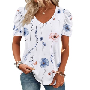 ATHMILE Womens Blouse Dressy Casual V Neck Puff Short Sleeve Tshirts Boho Fashion Summer Spring Tunic Top Clothes(White Floral)