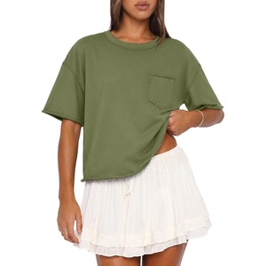 ATHMILE Womens Crop Tops Workout Shirts Gym Oversized Spring Summer Basic Tees Short Sleeve Casual Loose Drop Shoulder 2026(Armygreen)
