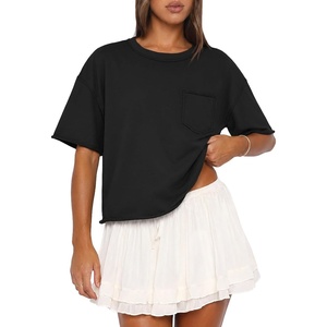 ATHMILE Womens Crop Tops Workout Shirts Gym Oversized Spring Summer Basic Tees Short Sleeve Casual Loose Drop Shoulder 2026(Black)