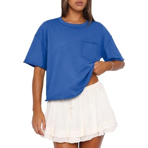 ATHMILE Womens Crop Tops Workout Shirts Gym Oversized Spring Summer Basic Tees Short Sleeve Casual Loose Drop Shoulder 2026(Blue)