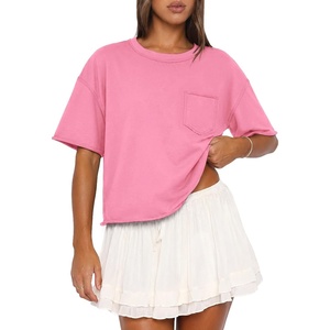ATHMILE Womens Crop Tops Workout Shirts Gym Oversized Spring Summer Basic Tees Short Sleeve Casual Loose Drop Shoulder 2026(Pink)