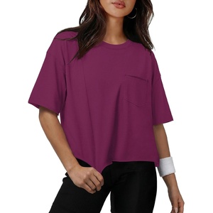 ATHMILE Womens Crop Tops Workout Shirts Gym Oversized Spring Summer Basic Tees Short Sleeve Casual Loose Drop Shoulder 2026(Purple Red)