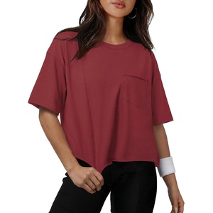 ATHMILE Womens Crop Tops Workout Shirts Gym Oversized Spring Summer Basic Tees Short Sleeve Casual Loose Drop Shoulder 2026(Winered)