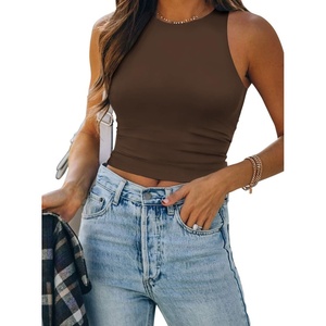 ATHMILE Womens Double Lined Crop Tank Tops Casual Basic Shirts Sleeveless Workout Tops Cute Summer Clothes Teen Girls(Brown)