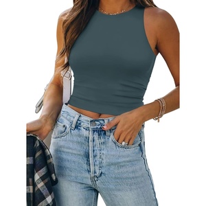 ATHMILE Womens Double Lined Crop Tank Tops Casual Basic Shirts Sleeveless Workout Tops Cute Summer Clothes Teen Girls(Haze Blue)