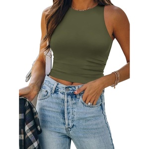 ATHMILE Womens Double Lined Crop Tank Tops Casual Basic Shirts Sleeveless Workout Tops Cute Summer Clothes Teen Girls(Olive Green)