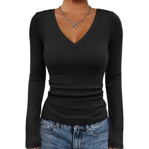 ATHMILE Womens Fall Deep V Neck Long Sleeve Shirts Modal Slim Fit Basic Tee Tops 2026(A-black)