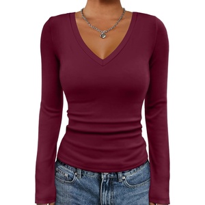 ATHMILE Womens Fall Deep V Neck Long Sleeve Shirts Modal Slim Fit Basic Tee Tops 2026(A-burgundy)