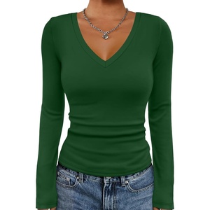 ATHMILE Womens Fall Deep V Neck Long Sleeve Shirts Modal Slim Fit Basic Tee Tops 2026(A-dark Green)