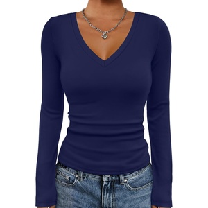 ATHMILE Womens Fall Deep V Neck Long Sleeve Shirts Modal Slim Fit Basic Tee Tops 2026(A-navy)