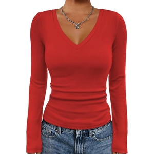 ATHMILE Womens Fall Deep V Neck Long Sleeve Shirts Modal Slim Fit Basic Tee Tops 2026(A-red)