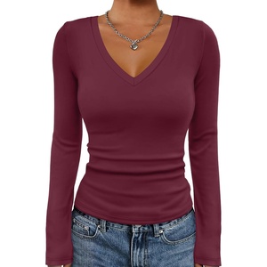 ATHMILE Womens Fall Deep V Neck Long Sleeve Shirts Modal Slim Fit Basic Tee Tops 2026(B-burgundy)