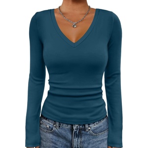 ATHMILE Womens Fall Deep V Neck Long Sleeve Shirts Modal Slim Fit Basic Tee Tops 2026(Navy)
