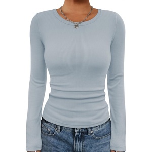 ATHMILE Womens Long Sleeve Crewneck/V Neck Ribbed Tops Fall Fitted Stretch Casual Basic T Shirts 2026(A-light Blue)
