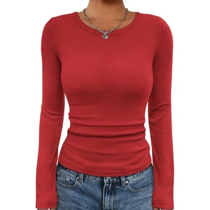 ATHMILE Womens Long Sleeve Crewneck/V Neck Ribbed Tops Fall Fitted Stretch Casual Basic T Shirts 2026(A-red)