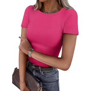 ATHMILE Womens Long Sleeve Crewneck/V Neck Ribbed Tops Fall Fitted Stretch Casual Basic T Shirts 2026(B-hot Pink)