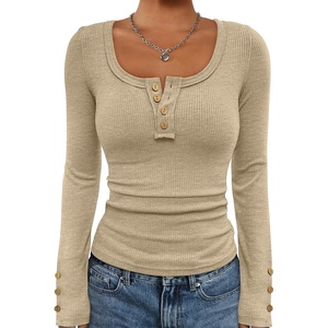 ATHMILE Women’s Long Sleeve Shirts Casual Fall Henley Top Button Down Blouses Basic Ribbed Knit T Shirts 2025(Beige)