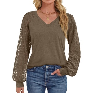 ATHMILE Womens Long Sleeve Shirts V-Neck Lace Tops Business Casual Blouses Tee 2025 Trendy Fall Fashion Outfits Clothes(Coffeegrey)