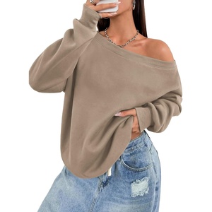 ATHMILE Womens Off the Shoulder Sweatshirts Fleece Lined Long Sleeve Pullover Tops Oversized Sweater Basic Slouchy Clothes(Coffeegrey)