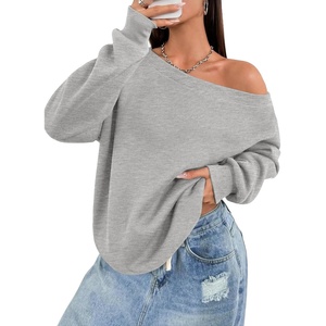 ATHMILE Womens Off the Shoulder Sweatshirts Fleece Lined Long Sleeve Pullover Tops Oversized Sweater Basic Slouchy Clothes(Grey)