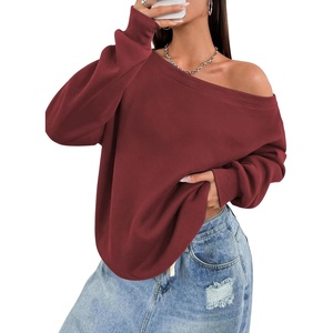 ATHMILE Womens Off the Shoulder Sweatshirts Fleece Lined Long Sleeve Pullover Tops Oversized Sweater Basic Slouchy Clothes(Wine Red)