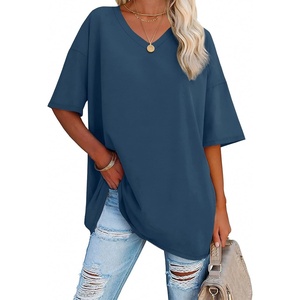 ATHMILE Womens Oversized Shirts V Neck Plus Size Spring Workout Summer Tops Beach Vacation 2026 Gym Clothes Basic Tee(Blue)