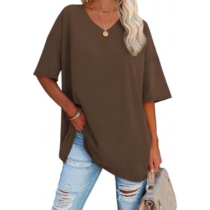 ATHMILE Womens Oversized Shirts V Neck Plus Size Spring Workout Summer Tops Beach Vacation 2026 Gym Clothes Basic Tee(Brown)