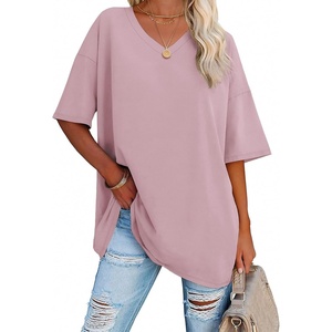 ATHMILE Womens Oversized Shirts V Neck Plus Size Spring Workout Summer Tops Beach Vacation 2026 Gym Clothes Basic Tee(Dark Pink)