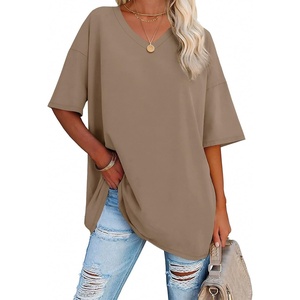 ATHMILE Womens Oversized Shirts V Neck Plus Size Spring Workout Summer Tops Beach Vacation 2026 Gym Clothes Basic Tee(Desert)