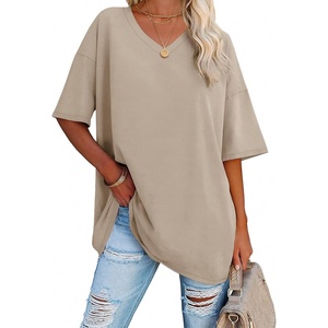 ATHMILE Womens Oversized Shirts V Neck Plus Size Spring Workout Summer Tops Beach Vacation 2026 Gym Clothes Basic Tee(Khaki)