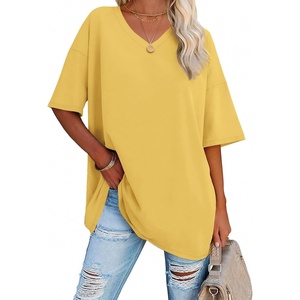ATHMILE Womens Oversized Shirts V Neck Plus Size Spring Workout Summer Tops Beach Vacation 2026 Gym Clothes Basic Tee(Lemon Yellow)