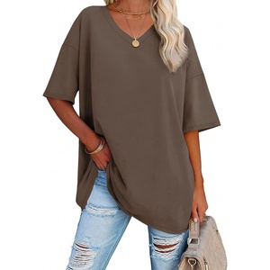 ATHMILE Womens Oversized Shirts V Neck Plus Size Spring Workout Summer Tops Beach Vacation 2026 Gym Clothes Basic Tee(Light Brown)