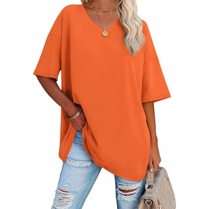 ATHMILE Womens Oversized Shirts V Neck Plus Size Spring Workout Summer Tops Beach Vacation 2026 Gym Clothes Basic Tee(Orange)