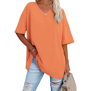 ATHMILE Womens Oversized Shirts V Neck Plus Size Spring Workout Summer Tops Beach Vacation 2026 Gym Clothes Basic Tee(Orange Pink)