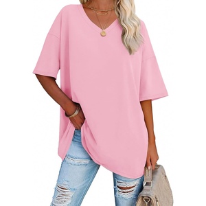 ATHMILE Womens Oversized Shirts V Neck Plus Size Spring Workout Summer Tops Beach Vacation 2026 Gym Clothes Basic Tee(Pink)