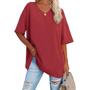 ATHMILE Womens Oversized Shirts V Neck Plus Size Spring Workout Summer Tops Beach Vacation 2026 Gym Clothes Basic Tee(Red)