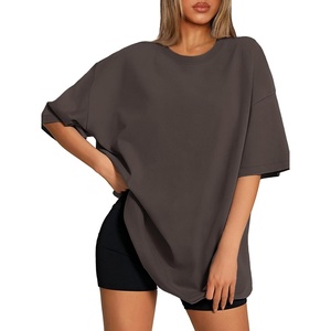ATHMILE Womens Oversized T Shirts Loose Fit Crewneck Short Sleeve Tops Summer Casual Blouse 2026 Y2K Basic Tee Beach(Brown)