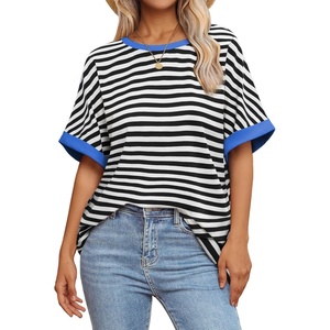 ATHMILE Womens Oversized T Shirts Summer Tops Spring Casual Loose Fit Workout Short Sleeve 2026 Beach Vacation(Striped (Black & White))