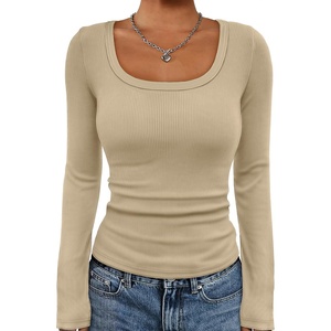 ATHMILE Womens Scoop Neck Long Sleeve Tops Fashion Ribbed Knit Shirts Slim Fitted Casual Basic Tee T Shirt for Women 2026(A-beige)