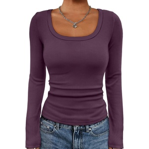ATHMILE Womens Scoop Neck Long Sleeve Tops Fashion Ribbed Knit Shirts Slim Fitted Casual Basic Tee T Shirt for Women 2026(A-purple)