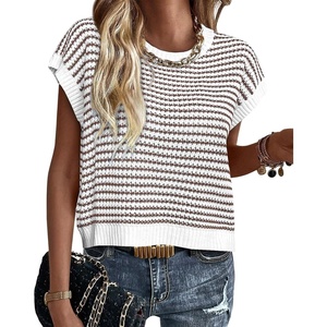 ATHMILE Womens Short Sleeve Sweater Spring Summer Striped Teacher Round Neck Pullover Cap Sleeve Knit Cute Vest Tops 2026(Brown)