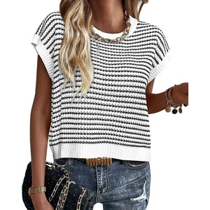 ATHMILE Womens Short Sleeve Sweater Spring Summer Striped Teacher Round Neck Pullover Cap Sleeve Knit Cute Vest Tops 2026(White)