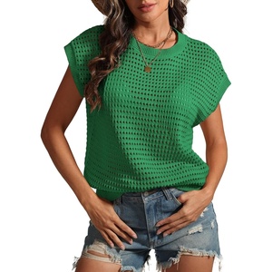 ATHMILE Womens Spring Tops Summer Shirts Beach Vacation Crochet Cap Sleeve Knit Sweater Pullover Cute Fashion Clothes(Green)