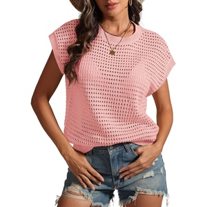 ATHMILE Womens Spring Tops Summer Shirts Beach Vacation Crochet Cap Sleeve Knit Sweater Pullover Cute Fashion Clothes(Pink)