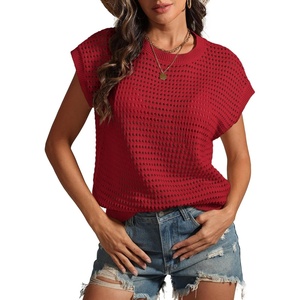 ATHMILE Womens Spring Tops Summer Shirts Beach Vacation Crochet Cap Sleeve Knit Sweater Pullover Cute Fashion Clothes(Red)